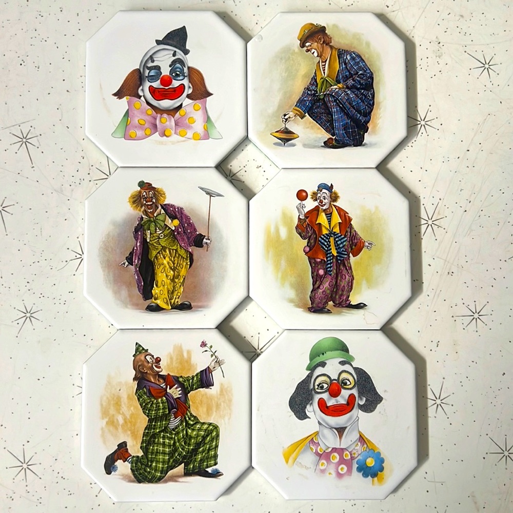 Set Of 6 Vintage Clown Capers Coasters Tile Cork Padding